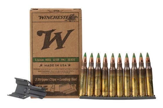 Winchester USA 5.56 NATO M855 62 Grain FMJ Green Tip Ammo - 30 Rounds in Stripper Clips features a fast loading tool